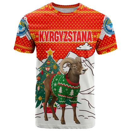 Kyrgyzstan Christmas T-Shirt with Mountain Goat in Festive Red Snowflake Pattern and Holiday Tree Graphic Tee