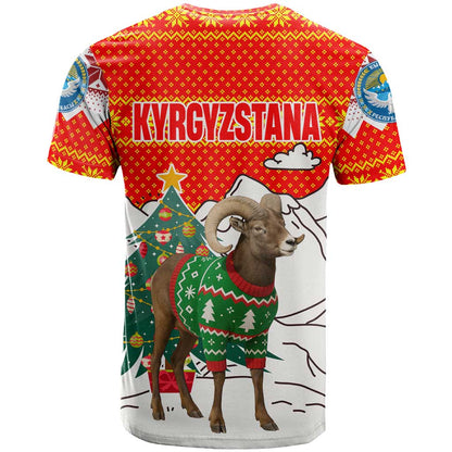 Kyrgyzstan Christmas T-Shirt with Mountain Goat in Festive Red Snowflake Pattern and Holiday Tree Graphic Tee
