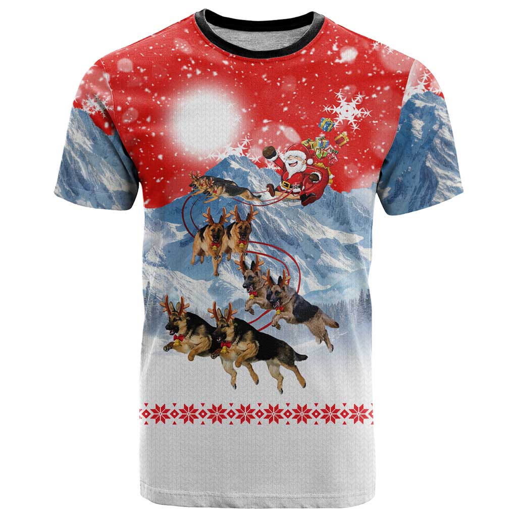 German Shepherd Christmas T-Shirt with Santa Sleigh Ride and Snowy Mountain Design Graphic Tee