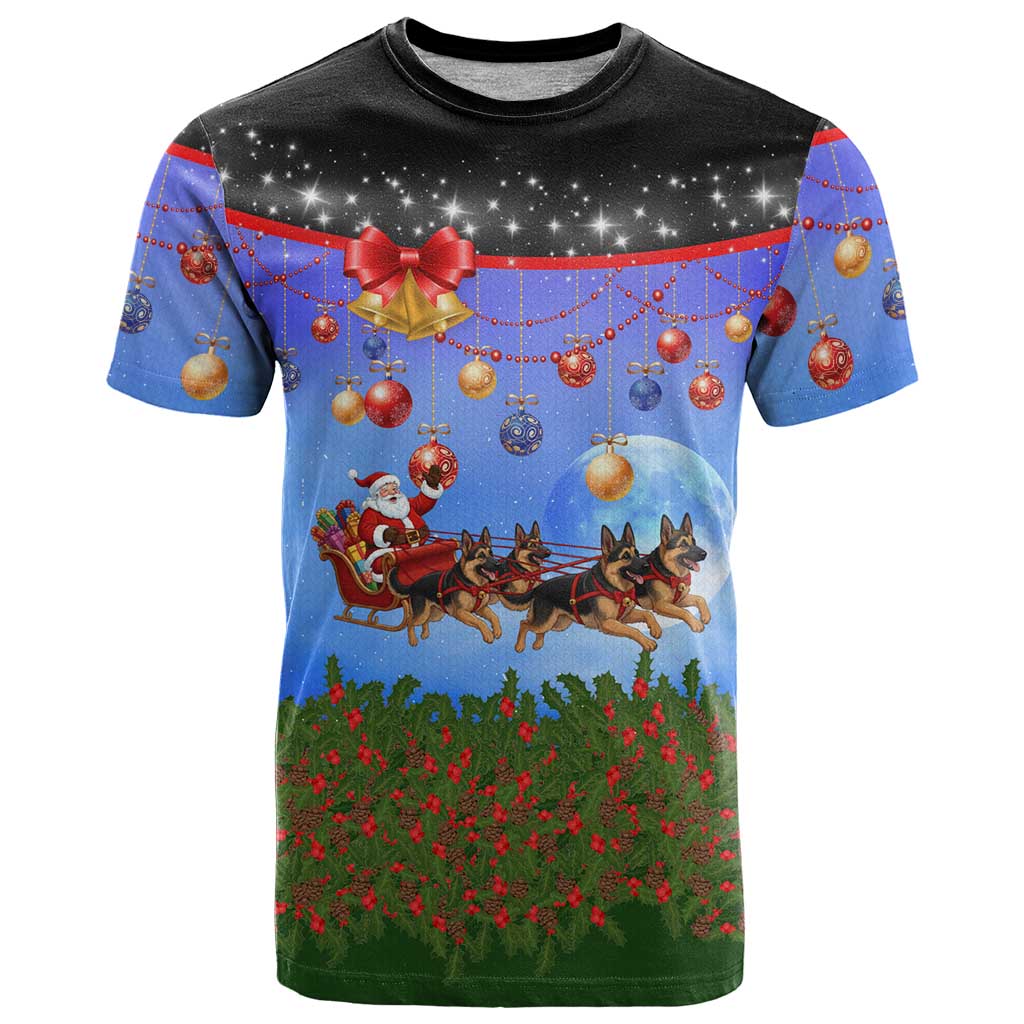 German Shepherd Christmas T-Shirt with Santa Sleigh and Holiday Ornament Design Graphic Tee