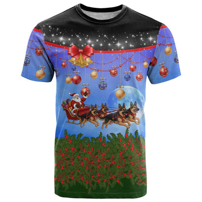 German Shepherd Christmas T-Shirt with Santa Sleigh and Holiday Ornament Design Graphic Tee