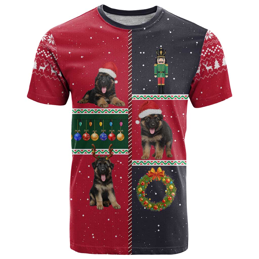 German Shepherd Puppy Christmas T-Shirt with Ornaments Wreath and Nutcracker Design Graphic Tee