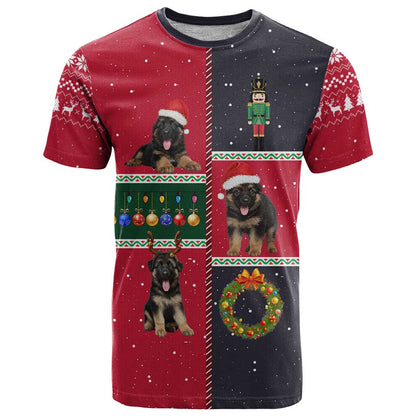 German Shepherd Puppy Christmas T-Shirt with Ornaments Wreath and Nutcracker Design Graphic Tee