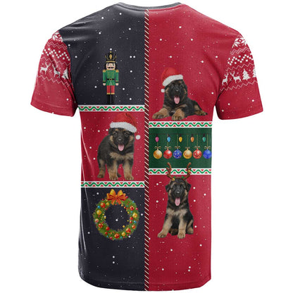 German Shepherd Puppy Christmas T-Shirt with Ornaments Wreath and Nutcracker Design Graphic Tee