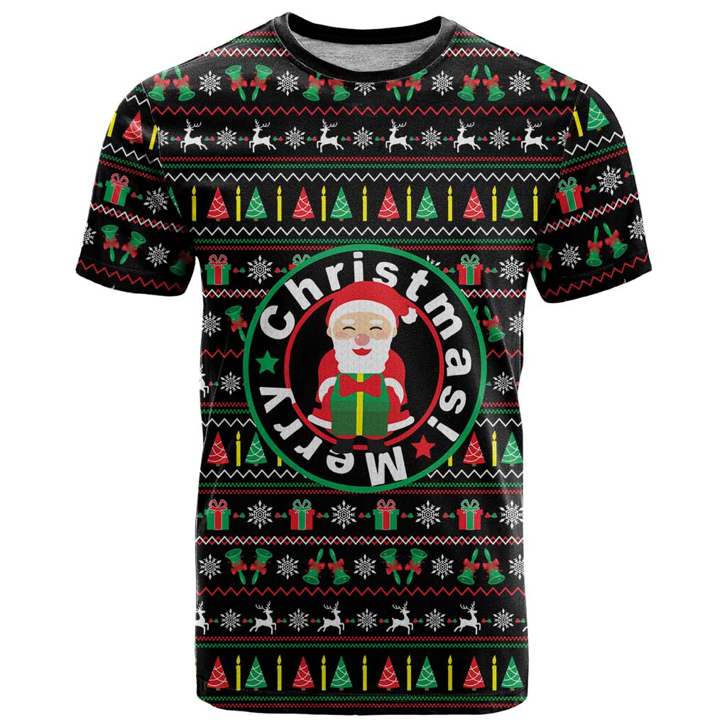 Gift For Merry Christmas T-Shirt with Santa Claus and Holiday Icons Pattern Graphic Tee