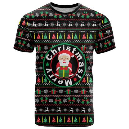 Gift For Merry Christmas T-Shirt with Santa Claus and Holiday Icons Pattern Graphic Tee