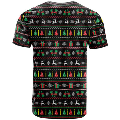 Gift For Merry Christmas T-Shirt with Santa Claus and Holiday Icons Pattern Graphic Tee
