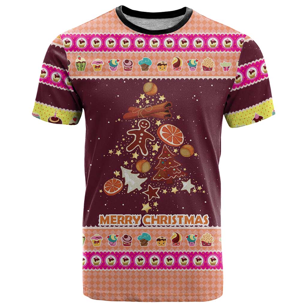 Christmas Cookie T-Shirt with Gingerbread Tree Candy Ornaments and Sweet Treat Pattern Graphic Tee