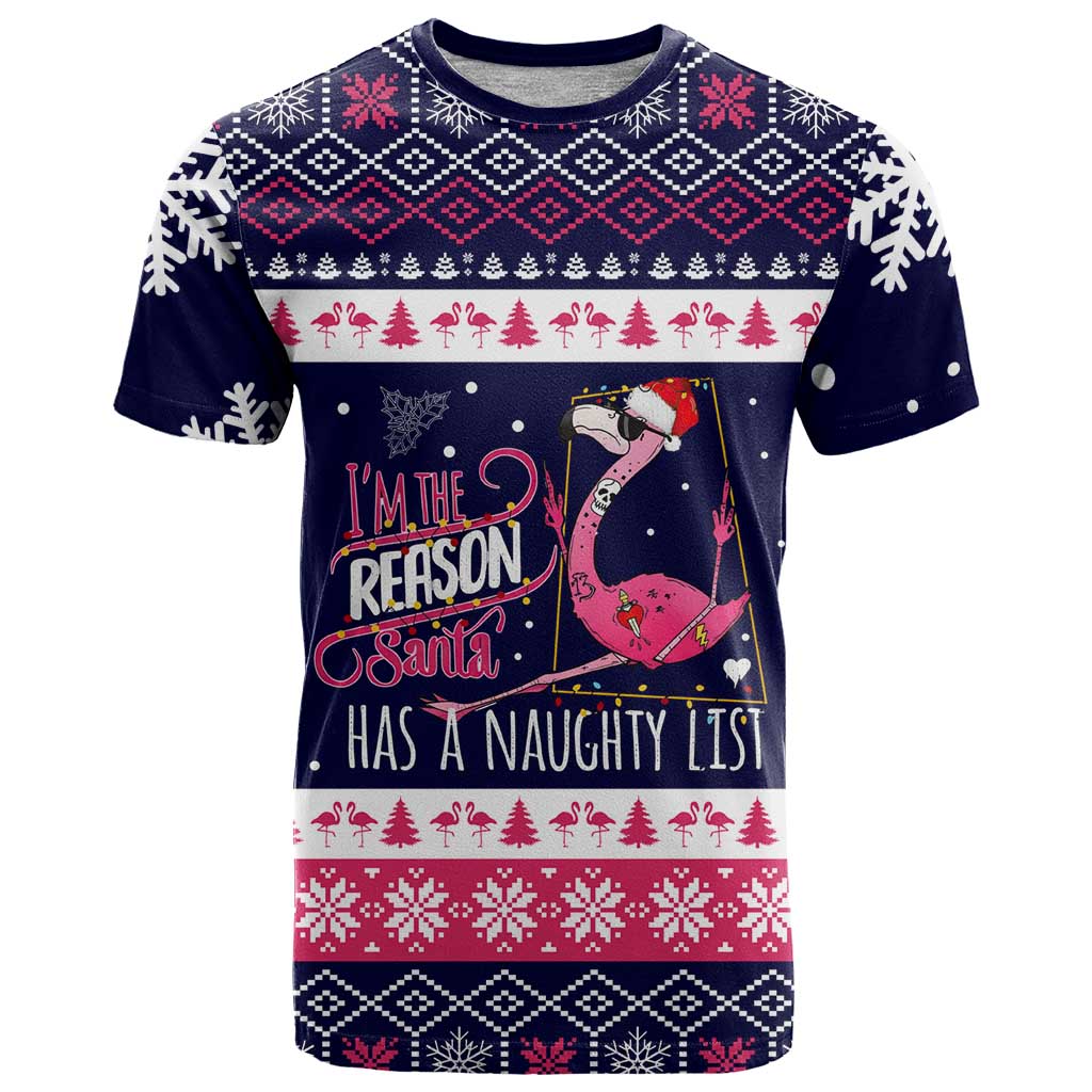 Flamingo I Am The Reason Santa Has A Naughty Christmas T-Shirt Xmas Holiday Patterns Graphic Tee