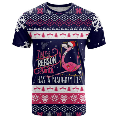 Flamingo I Am The Reason Santa Has A Naughty Christmas T-Shirt Xmas Holiday Patterns Graphic Tee