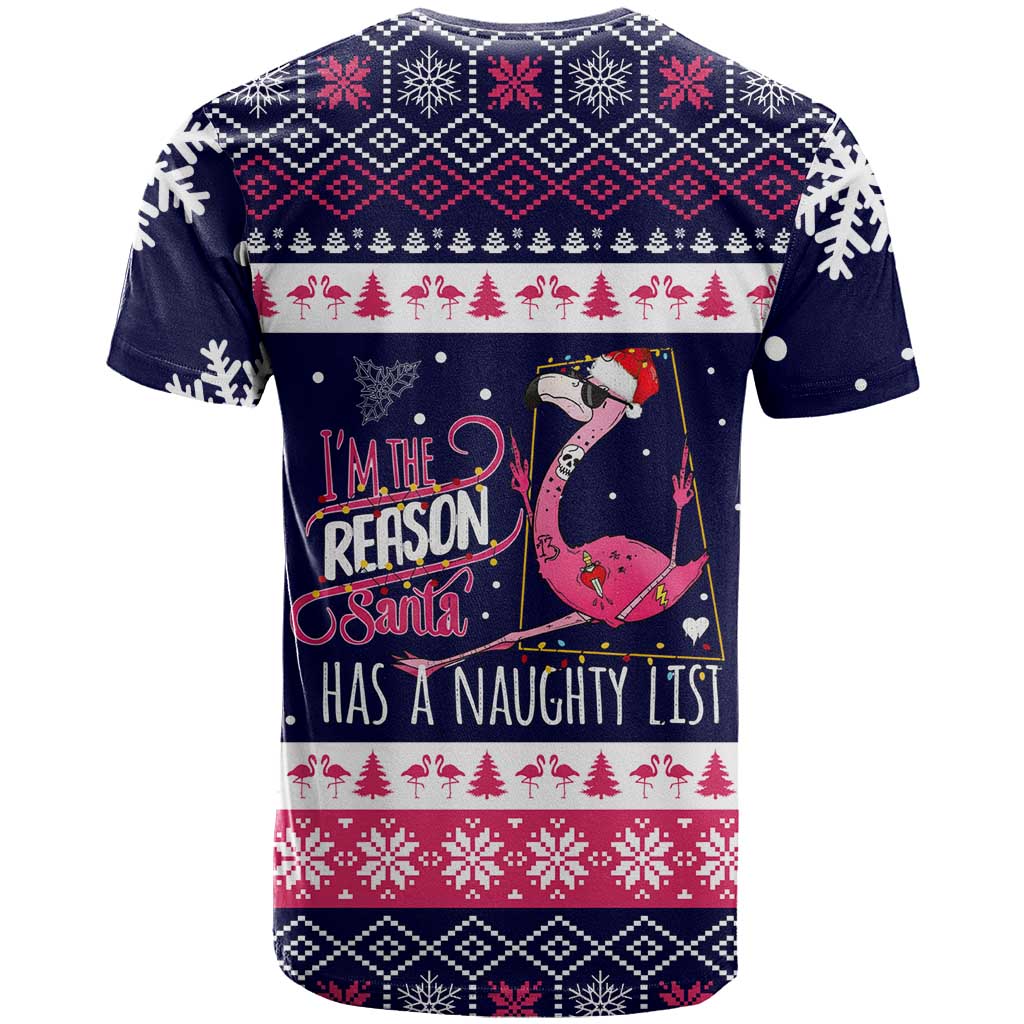 Flamingo I Am The Reason Santa Has A Naughty Christmas T-Shirt Xmas Holiday Patterns Graphic Tee