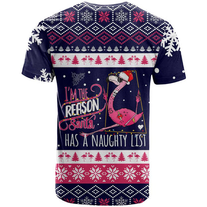 Flamingo I Am The Reason Santa Has A Naughty Christmas T-Shirt Xmas Holiday Patterns Graphic Tee