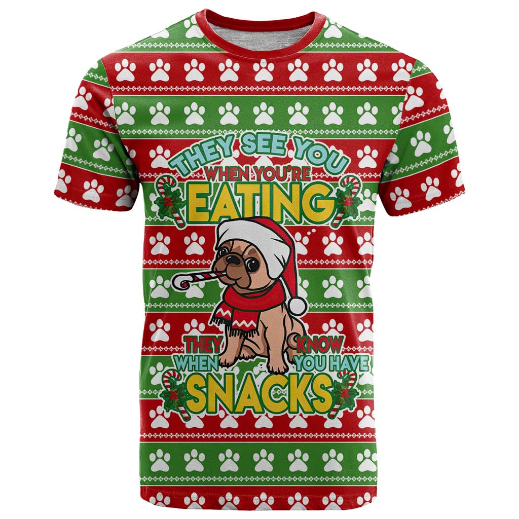 French Bulldog See You Eating Snacks Christmas T-Shirt Xmas Holiday Patterns Graphic Tee