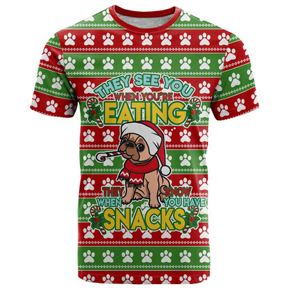 French Bulldog See You Eating Snacks Christmas T-Shirt Xmas Holiday Patterns Graphic Tee