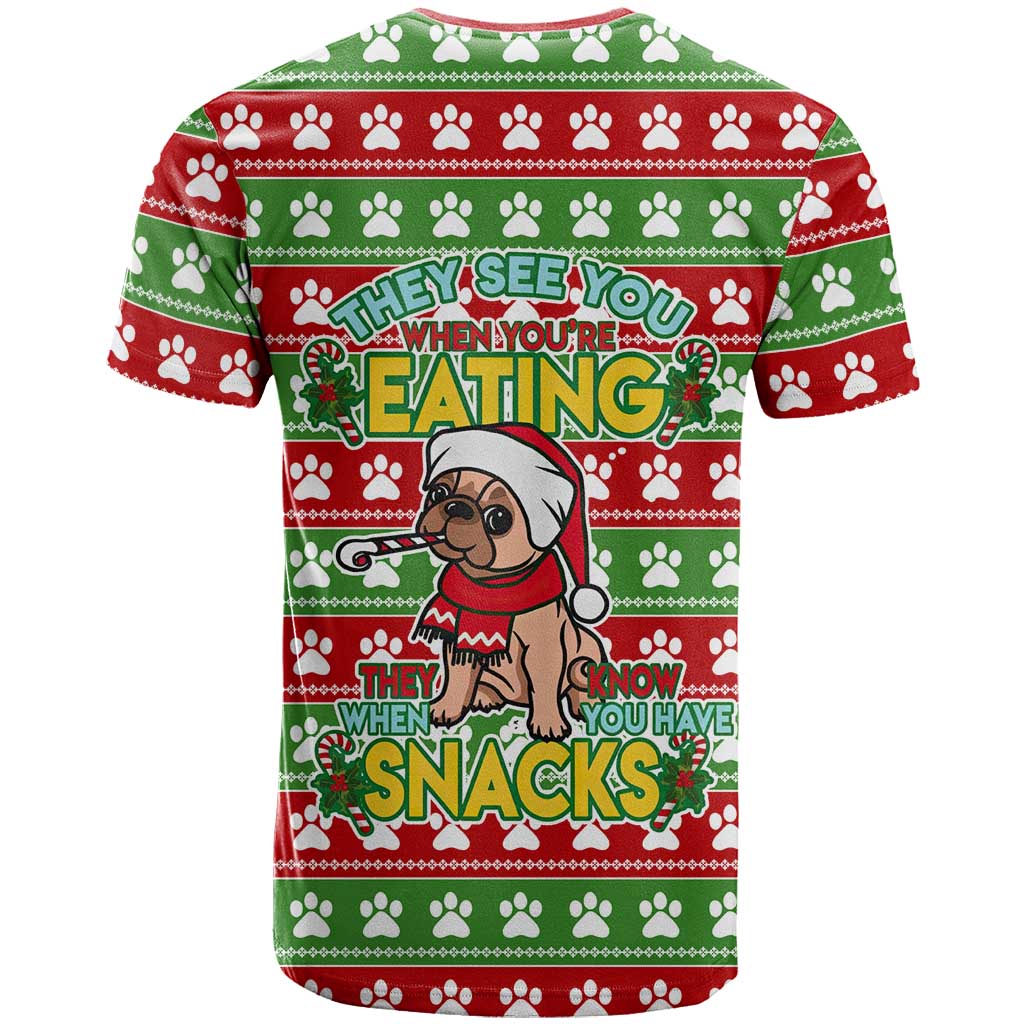 French Bulldog See You Eating Snacks Christmas T-Shirt Xmas Holiday Patterns Graphic Tee
