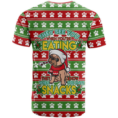 French Bulldog See You Eating Snacks Christmas T-Shirt Xmas Holiday Patterns Graphic Tee