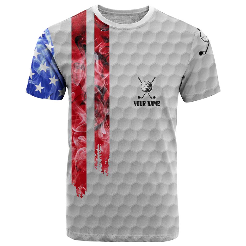 Custom Golf Ball and Clubs T-Shirt with American Flag Smoke Effect and Hexagon Pattern Graphic Tee
