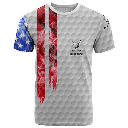 Custom Golf Ball and Clubs T-Shirt with American Flag Smoke Effect and Hexagon Pattern Graphic Tee
