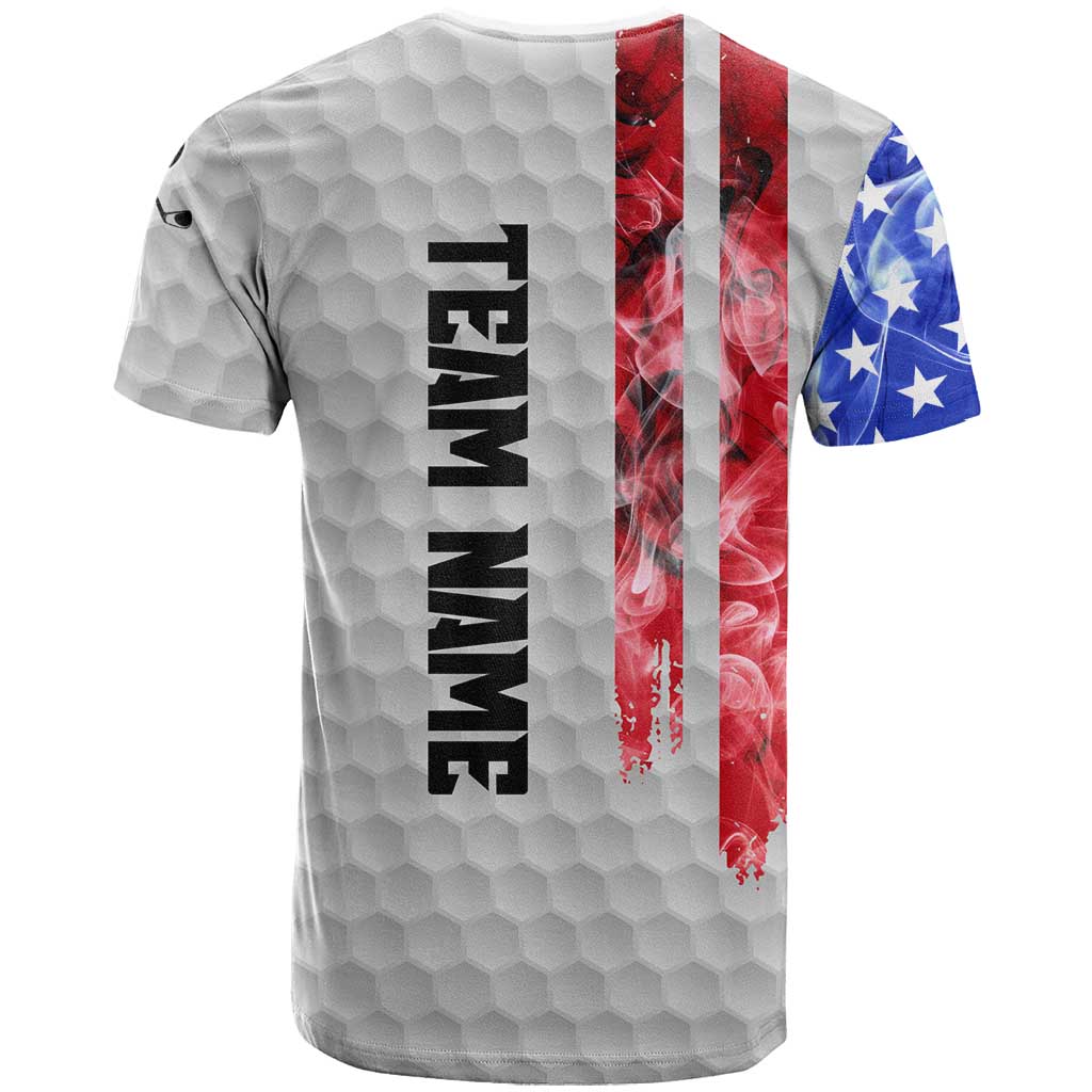 Custom Golf Ball and Clubs T-Shirt with American Flag Smoke Effect and Hexagon Pattern Graphic Tee