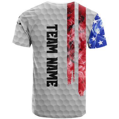 Custom Golf Ball and Clubs T-Shirt with American Flag Smoke Effect and Hexagon Pattern Graphic Tee