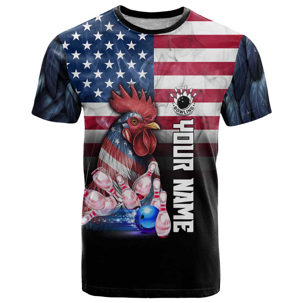 Custom Bowling Rooster T-Shirt with Striking Pins and American Flag Feather Pattern Graphic Tee