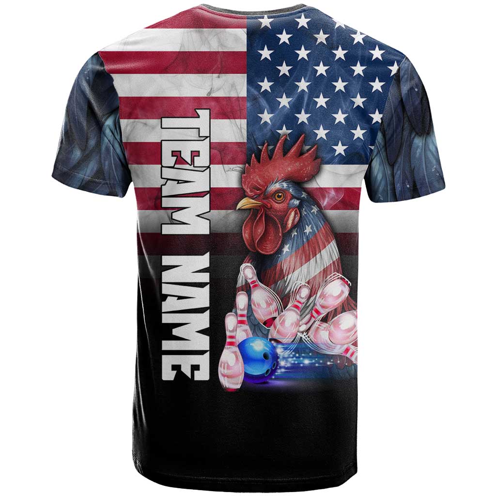 Custom Bowling Rooster T-Shirt with Striking Pins and American Flag Feather Pattern Graphic Tee