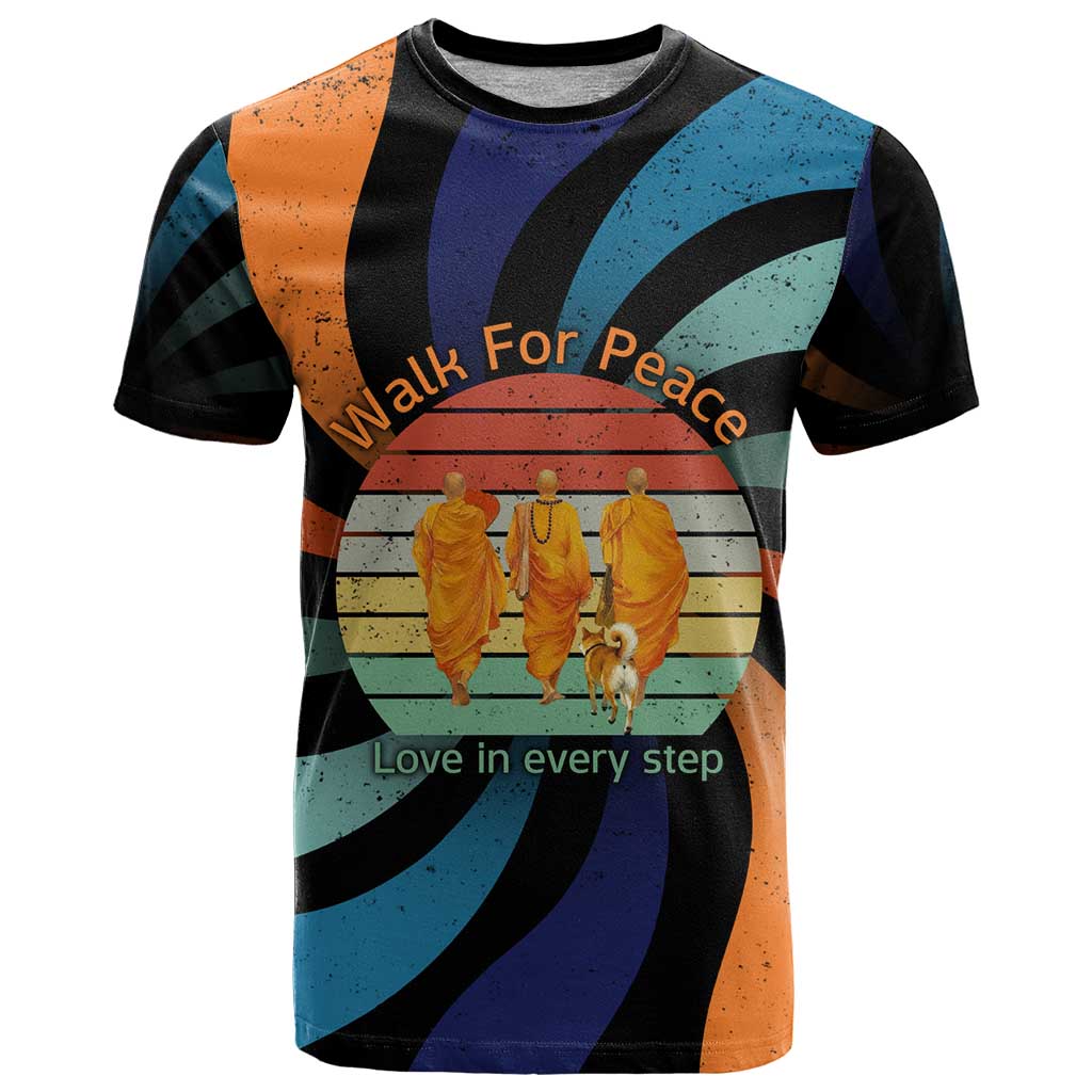 Buddhist Monks Walk For Peace T-Shirt with Retro Sunset Swirl Pattern Graphic Tee