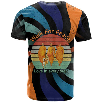 Buddhist Monks Walk For Peace T-Shirt with Retro Sunset Swirl Pattern Graphic Tee