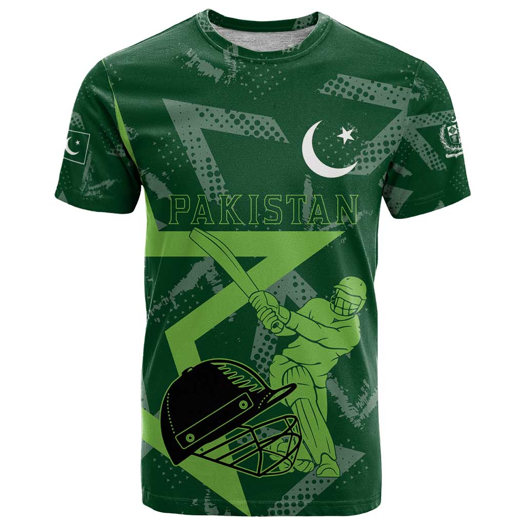 Pakistan Cricket T-Shirt Sporty Style with Flag Stars & Player Illustration Graphic Tee