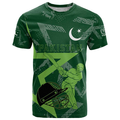Pakistan Cricket T-Shirt Sporty Style with Flag Stars & Player Illustration Graphic Tee