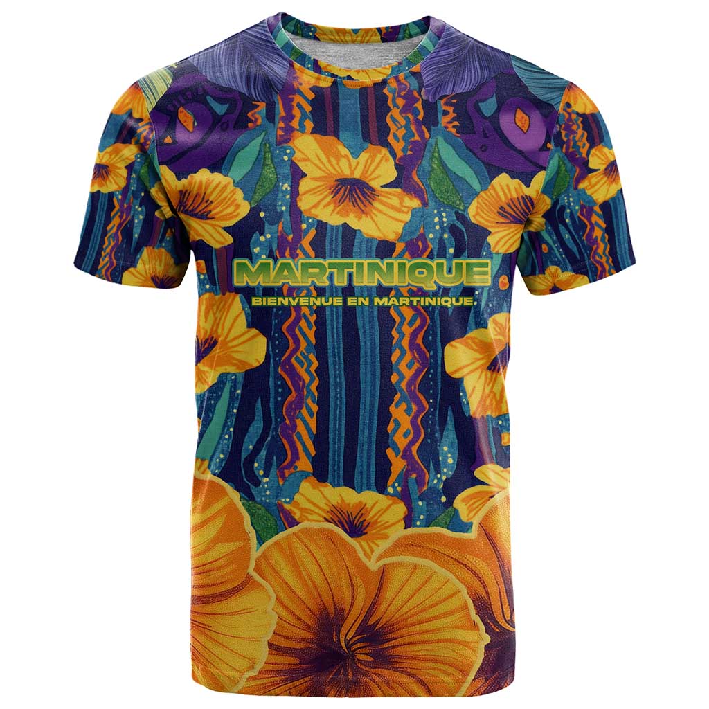Martinique Map and Hibiscus T-Shirt Island Silhouette with Tribal Stripe Accents Graphic Tee