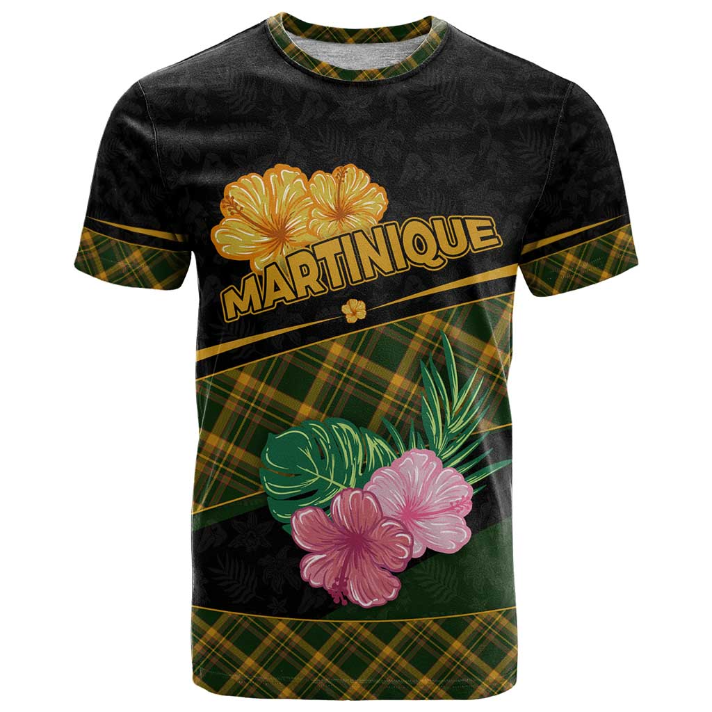 Martinique Heritage T-Shirt Hibiscus Floral Design with Green and Yellow Madras Tartan Graphic Tee