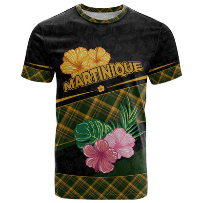 Martinique Heritage T-Shirt Hibiscus Floral Design with Green and Yellow Madras Tartan Graphic Tee