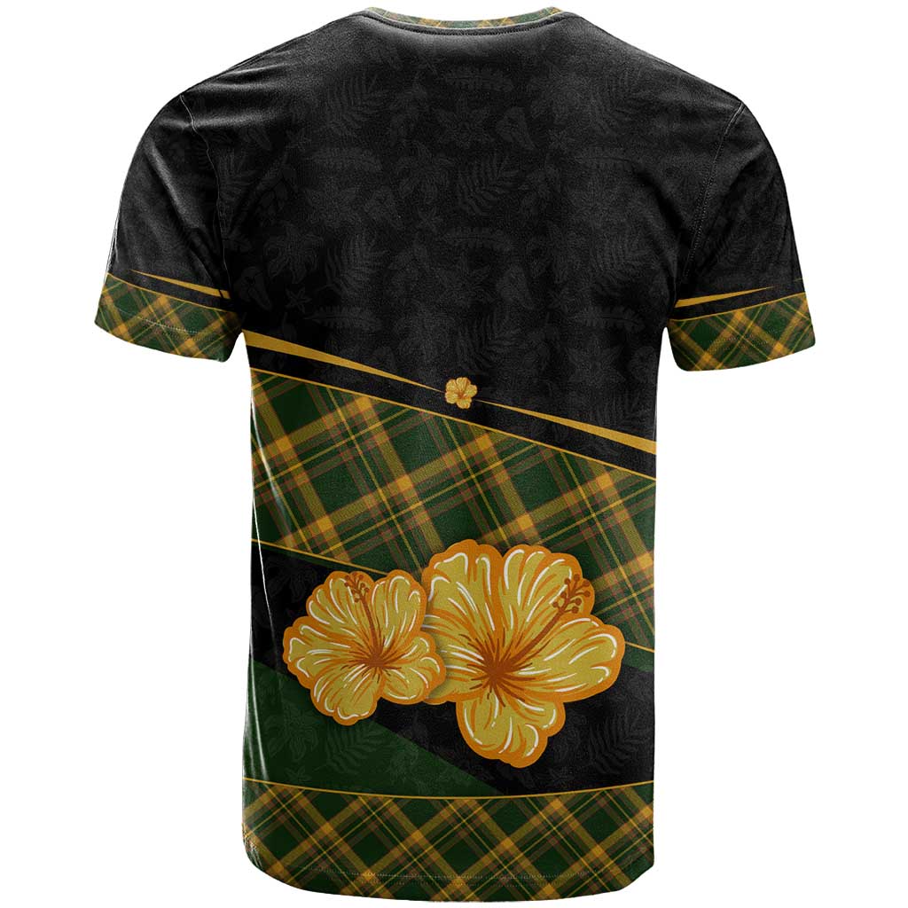 Martinique Heritage T-Shirt Hibiscus Floral Design with Green and Yellow Madras Tartan Graphic Tee