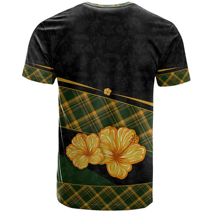 Martinique Heritage T-Shirt Hibiscus Floral Design with Green and Yellow Madras Tartan Graphic Tee