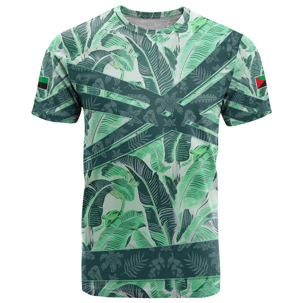 Martinique Pride T-Shirt with Green Banana Leaf Print and Flag Patch Accents Graphic Tee