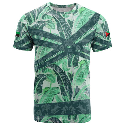 Martinique Pride T-Shirt with Green Banana Leaf Print and Flag Patch Accents Graphic Tee