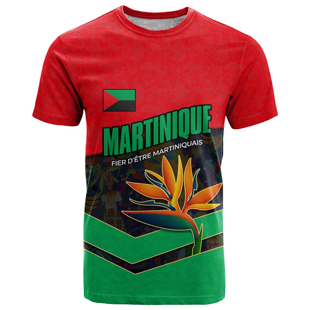 Martinique Pride T-Shirt with Red Green Design and Tropical Bird of Paradise Flower Graphic Tee