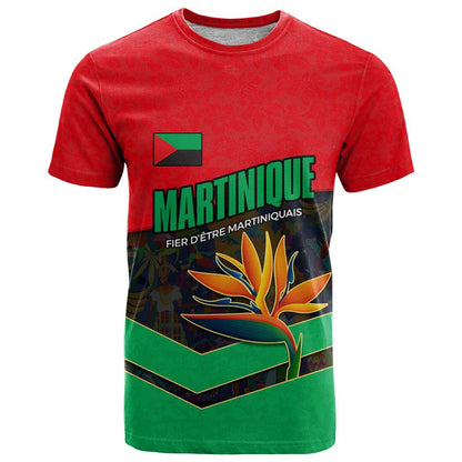 Martinique Pride T-Shirt with Red Green Design and Tropical Bird of Paradise Flower Graphic Tee
