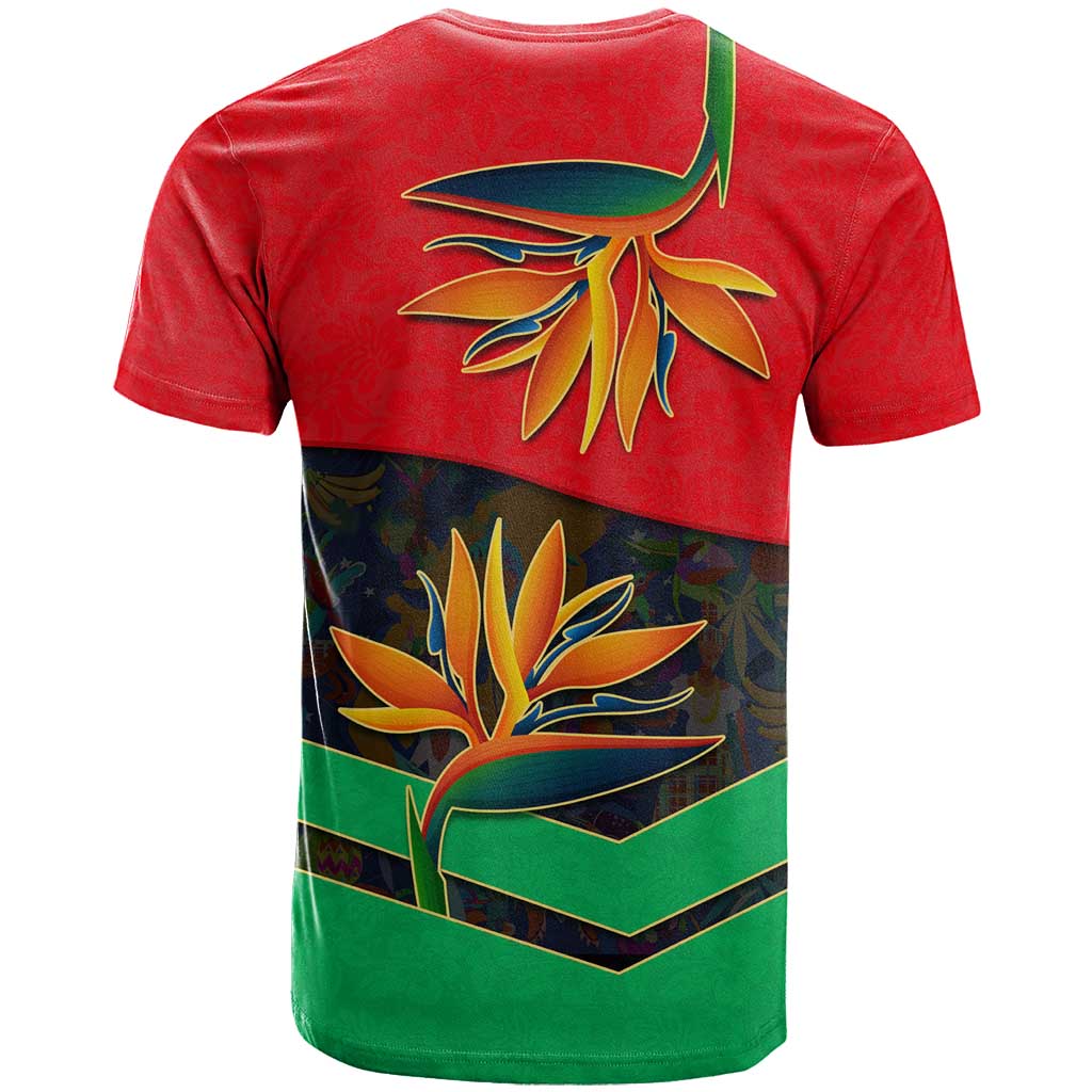 Martinique Pride T-Shirt with Red Green Design and Tropical Bird of Paradise Flower Graphic Tee
