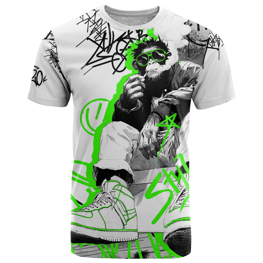 Street Style Graffiti T-Shirt with Smoking Monkey and Neon Green Graphic Tee