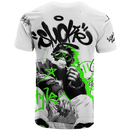 Street Style Graffiti T-Shirt with Smoking Monkey and Neon Green Graphic Tee
