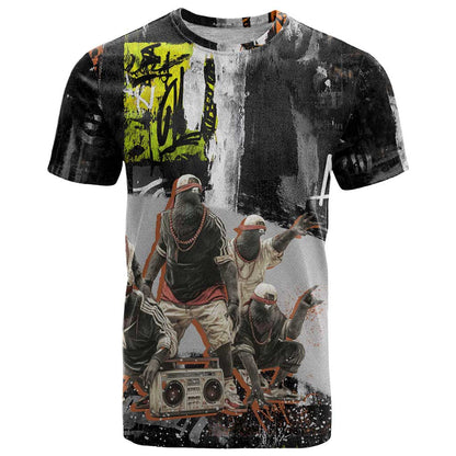 Boombox Breakdancer T-Shirt with Grafiti Art and Grunge Street Hip Hop Style Graphic Tee