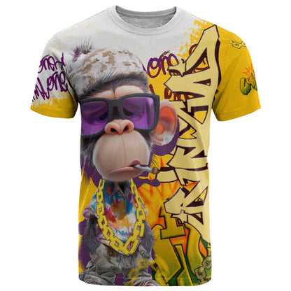 Graffiti Monkey T-Shirt with Hip Hop Sunglasses and Gold Chain Design Graphic Tee