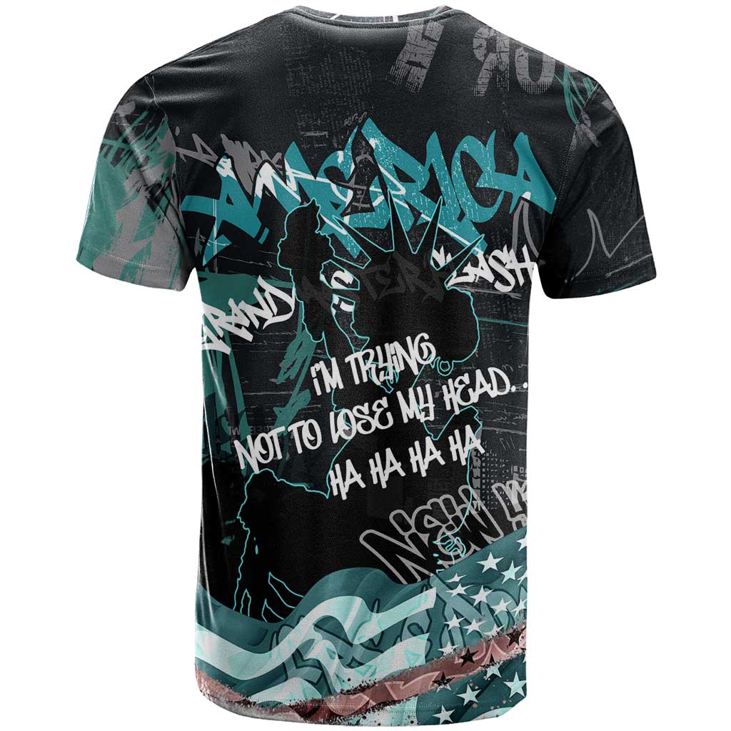 Street Art Liberty T-Shirt with Graffiti Print and Cartoon Statue of Liberty Graphic Tee