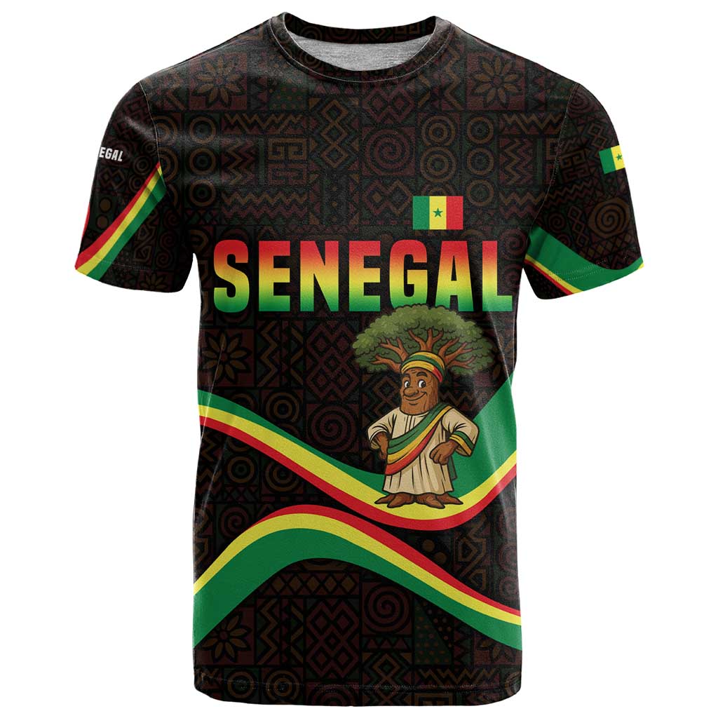 Senegal Tribal Pattern T-Shirt Baobab Character and Red Yellow Green Flag Theme Design Graphic Tee