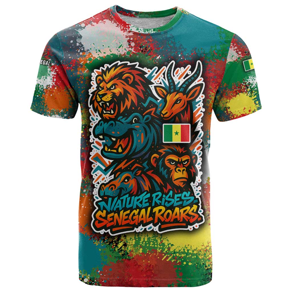 Senegal T-Shirt with Colorful Wildlife Graffiti and Nature Rises Roars Design Graphic Tee