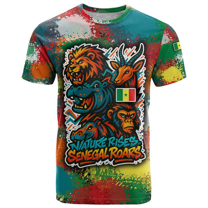 Senegal T-Shirt with Colorful Wildlife Graffiti and Nature Rises Roars Design Graphic Tee