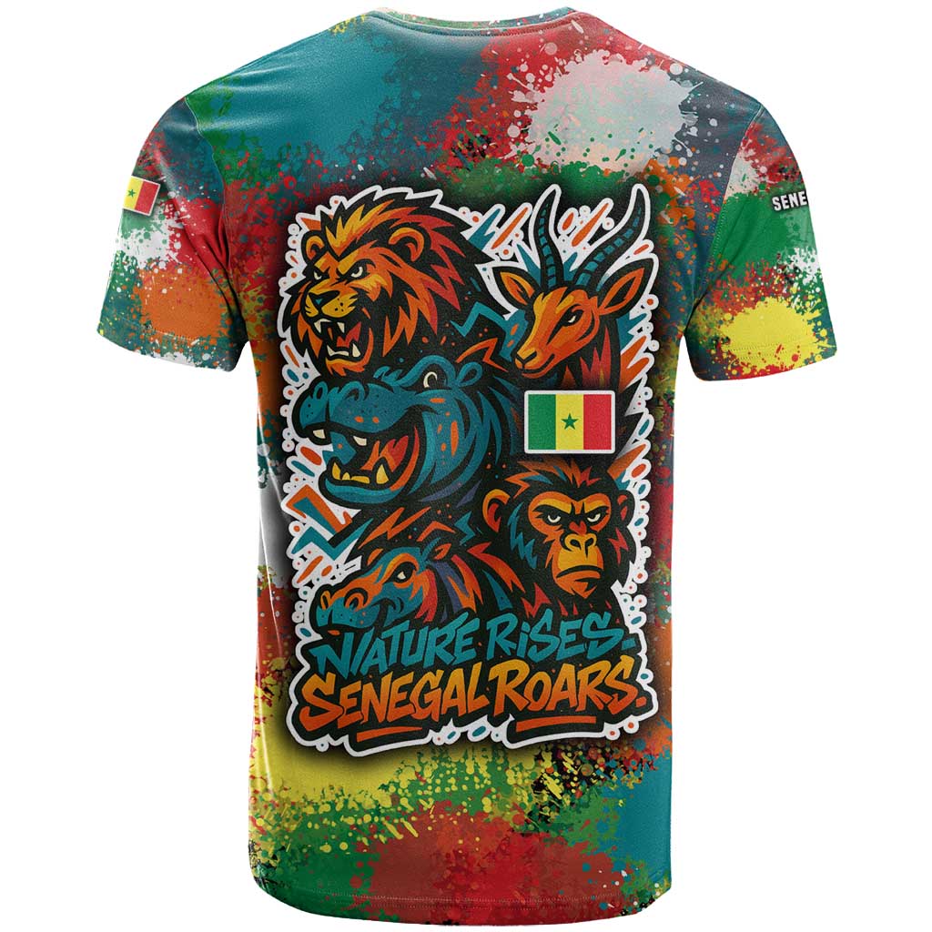 Senegal T-Shirt with Colorful Wildlife Graffiti and Nature Rises Roars Design Graphic Tee