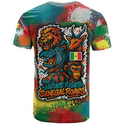 Senegal T-Shirt with Colorful Wildlife Graffiti and Nature Rises Roars Design Graphic Tee